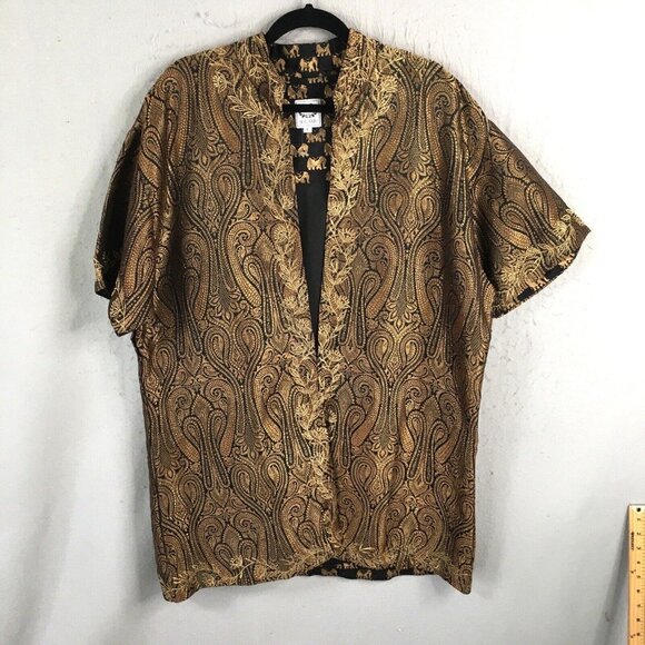 Sue.Anu Jacket Womens Large Black Gold Elephants Silk Hand Stamped Sartor Lal - Picture 1 of 16